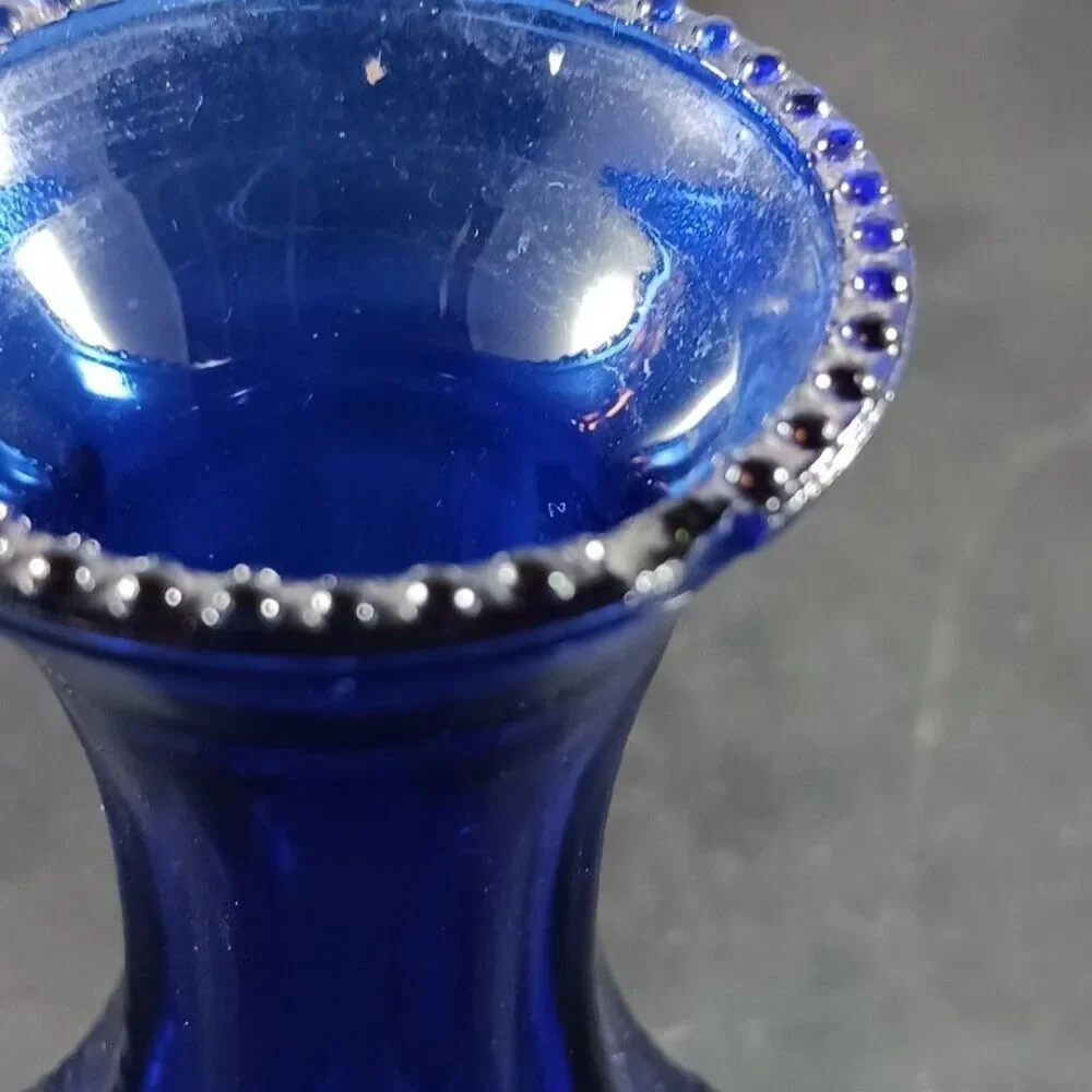 Vintage Indiana Glass Vase Beaded Edge Zipper 8 Sided Cobalt Blue 4 7/8